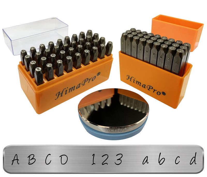 HimaPro 1/8''(3mm) 63 PCs Artistic Styled Number and Letter Metal Stamp Kit('A'-'Z', 'a'-'z', '0'-'9') with 3'' No-Rebound Steel Bench Block - Image 1